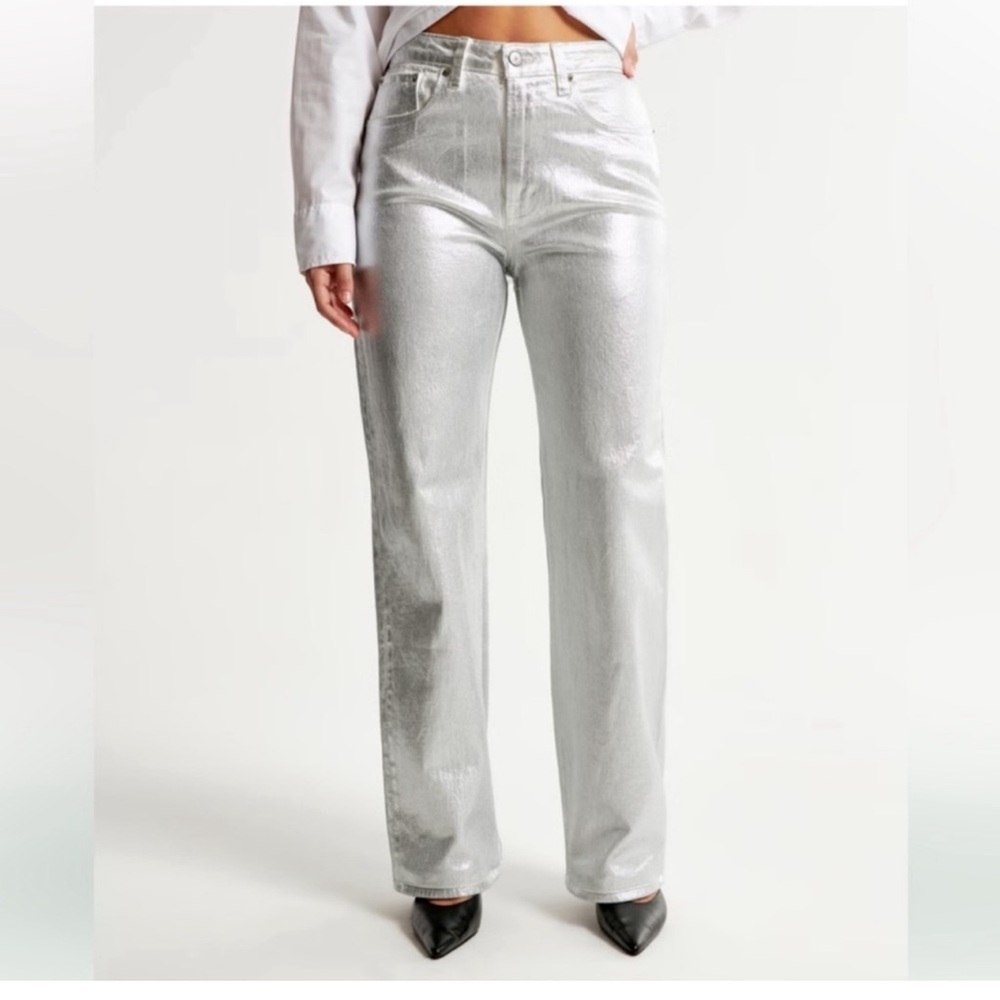 Abercrombie & Fitch metallic silver 90s relaxed high rise faux leather